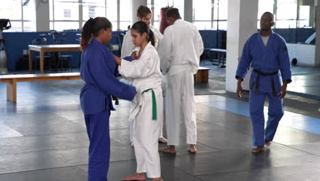 practicing judo, group of people training martial arts in gym