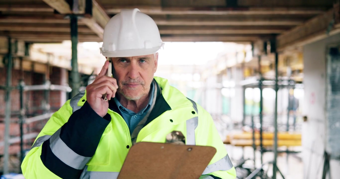 Construction Site Manager Talking on Phone and Checking Clipboard