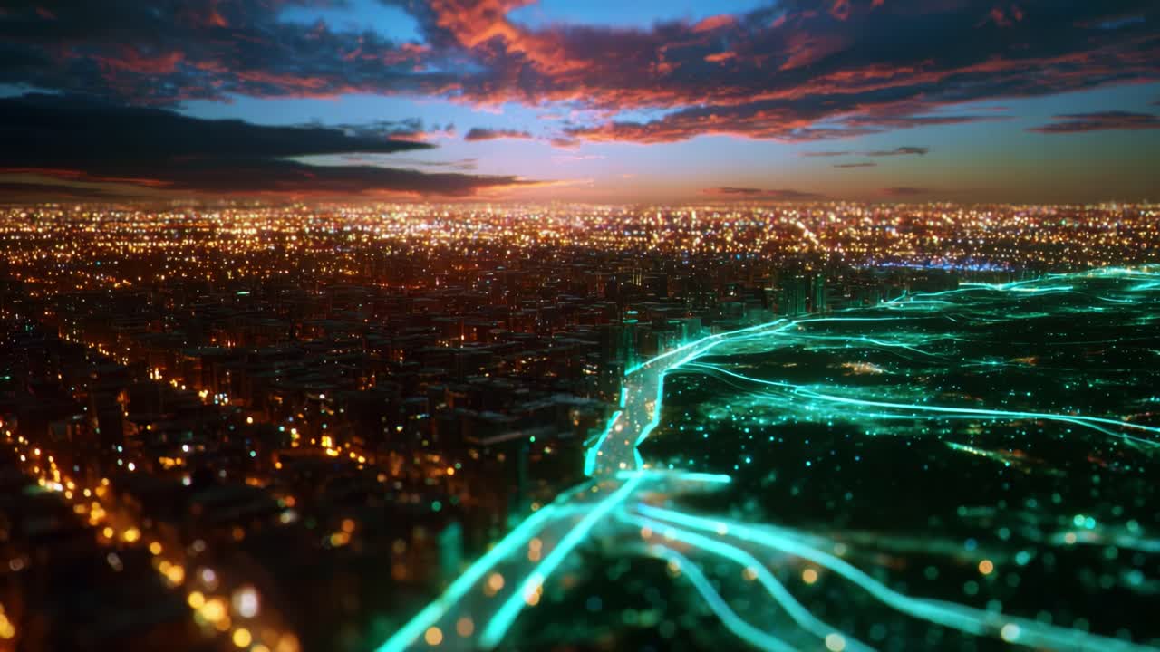 A Stunning Aerial View of a Cityscape at Dusk, Featuring Twinkling Urban Lights and Dynamic Waterways Illuminated by Neon Glows Beneath a Colorful Cloud-Laden Sky During Sunset