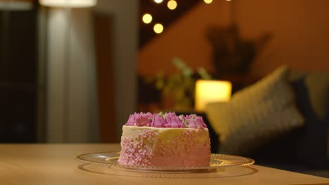 Close-Up-Of-Party-Celebration-Cake-For-Birthday-Decorated-With-Icing-On-Table-At-Home