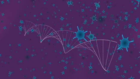 Animation-of-dna-strand-over-blue-virus-cells-on-purple-background