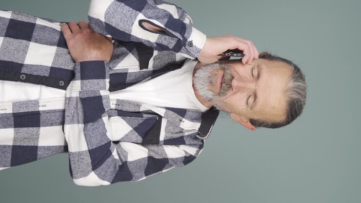Vertical video of The old man who happily puts the phone to his heart.