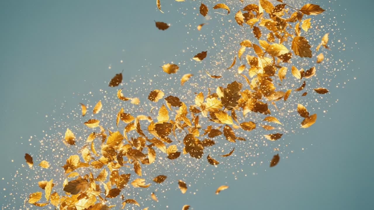A Captivating Cascade of Golden Leaves Dances Through the Air, Illuminated by Sparkling Glitter Against a Serene Blue Background