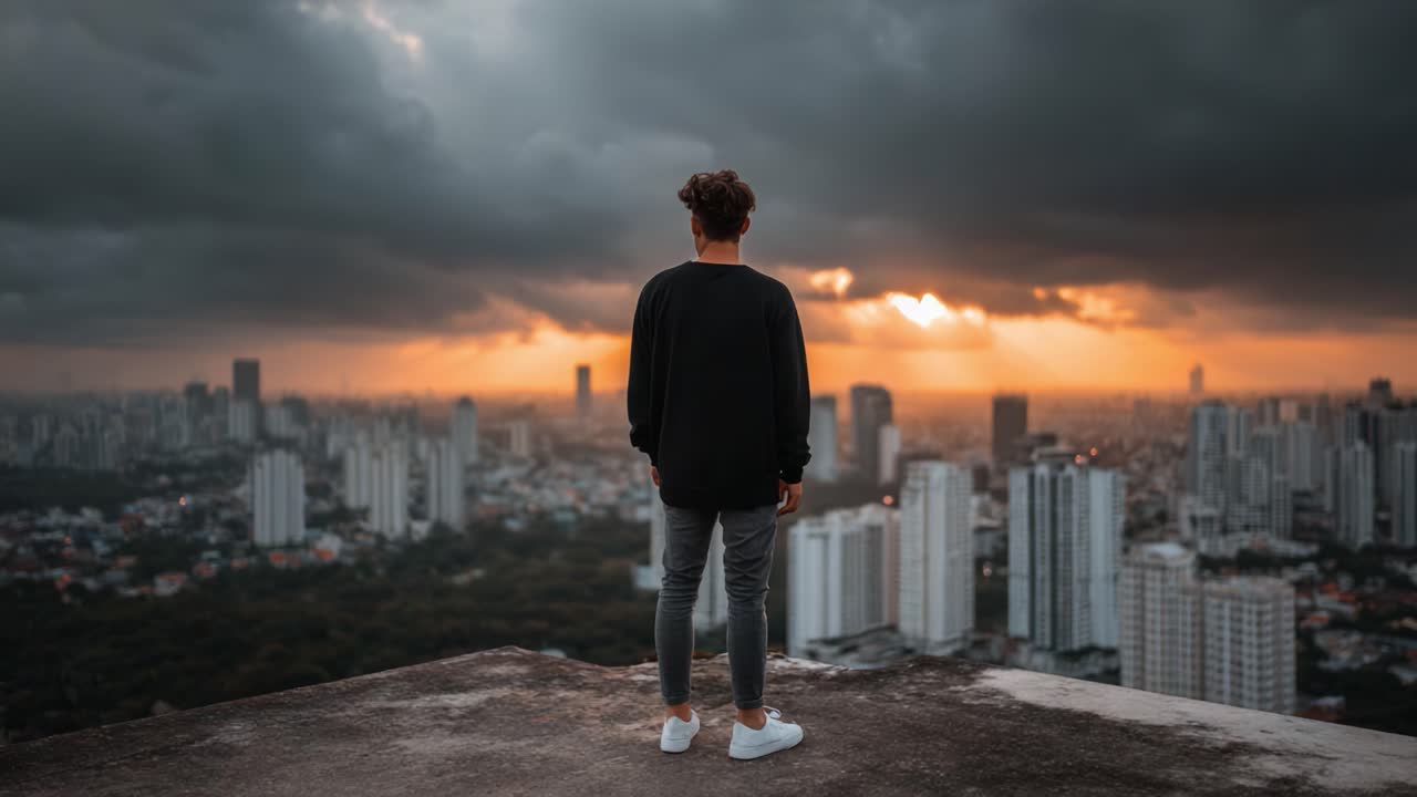 A solitary figure stands on a rooftop, gazing out at a dramatic skyline as the sun sets behind a backdrop of dark clouds and towering buildings