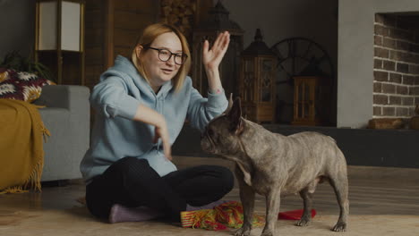 mujer pelirroja jugando con su perro bulldog mientras está sentada en el suelo en la sala de estar en casa