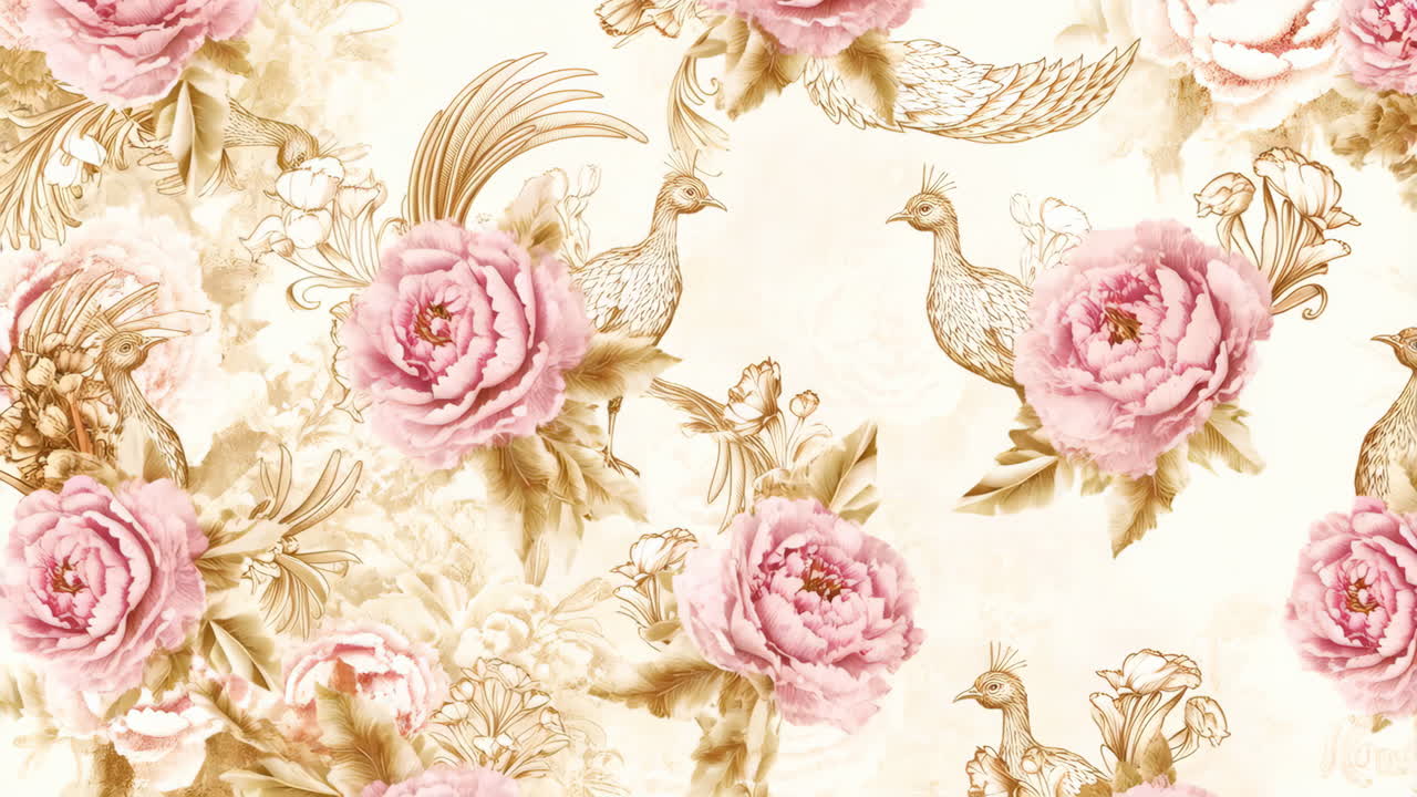 Floral pattern with peonies and birds
