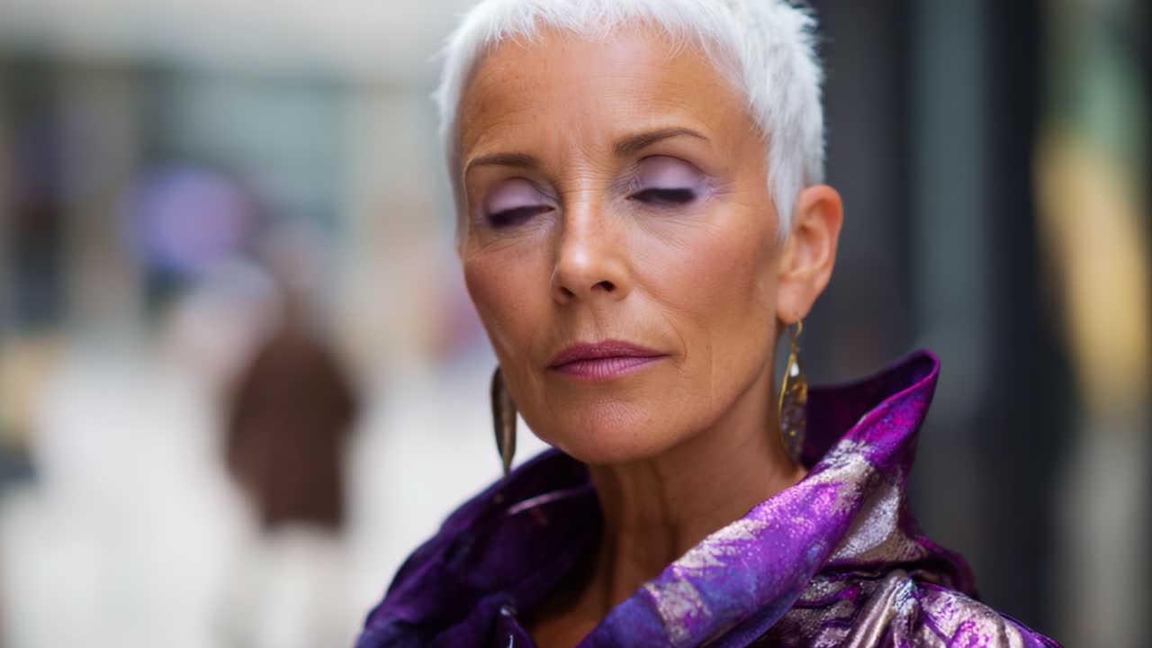 Elegante ritratto di una donna sicura di sé con capelli corti e un vivace abbigliamento viola, che emana forza e stile in un contesto urbano