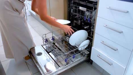a person loads plates into a dishwasher in a bright kitchen. the video captures the efficient process in detail