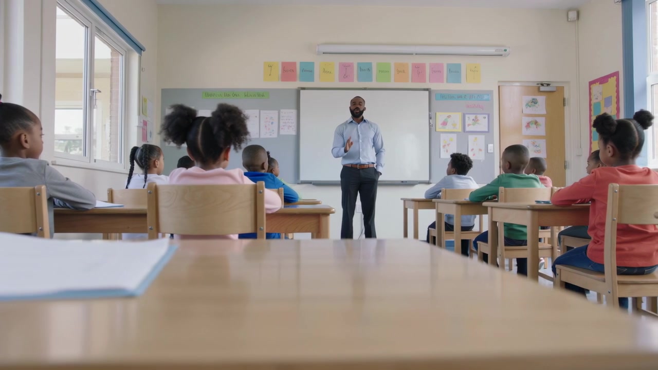 La telecamera si allontana mostrando un insegnante che indossa una camicia chiara e pantaloni scuri, mentre insegna alla lavagna in un'aula.