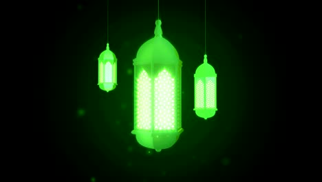 glowing celebration lantern hanging from ceiling on dark background. ramadan kareem islamic motion background. 3d loopable animation.