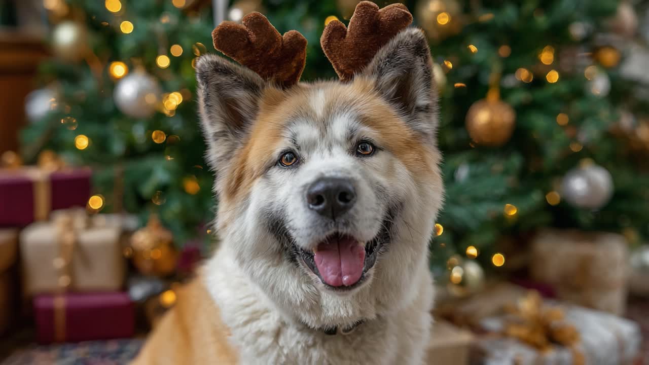A Joyful Akita Dog Adorned with Reindeer Antlers, Surrounded by Festive Christmas Decorations and a Beautifully Lit Tree, Radiating Holiday Cheer and Warmth