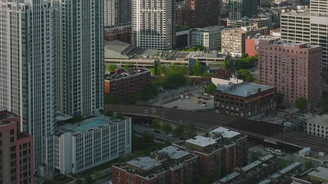 View of downtown Chicago with buildings and roads in the city