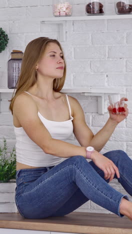 pretty woman drinks juice at home. side view of a young female in jeans sitting on the kitchen table and drinking fresh juice. vertical video