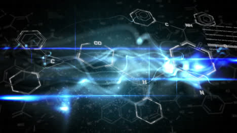 animación de estructuras químicas y onda digital azul contra un fondo negro