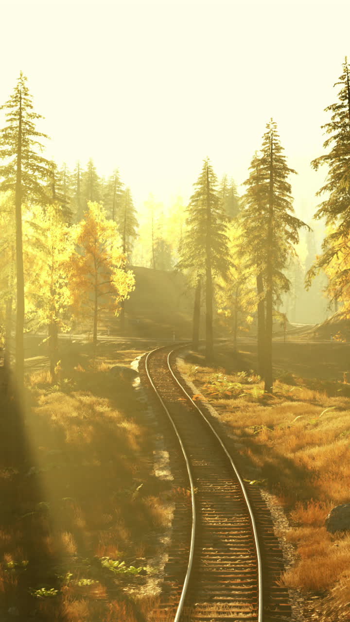 숲 속 의 기차 트랙 을 가로질러 아름다운 해가 뜨는 것