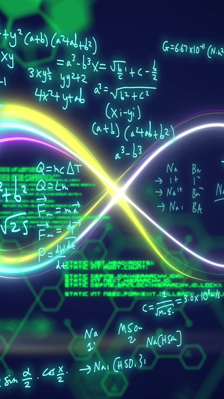 Animation of mathematical formulae and scientific data processing over black background