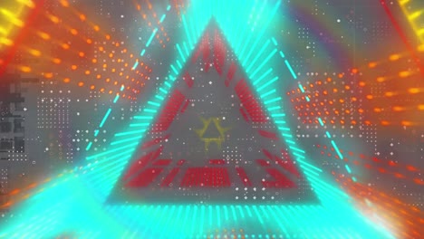animación de triángulos de neón brillantes sobre la placa base de la computadora