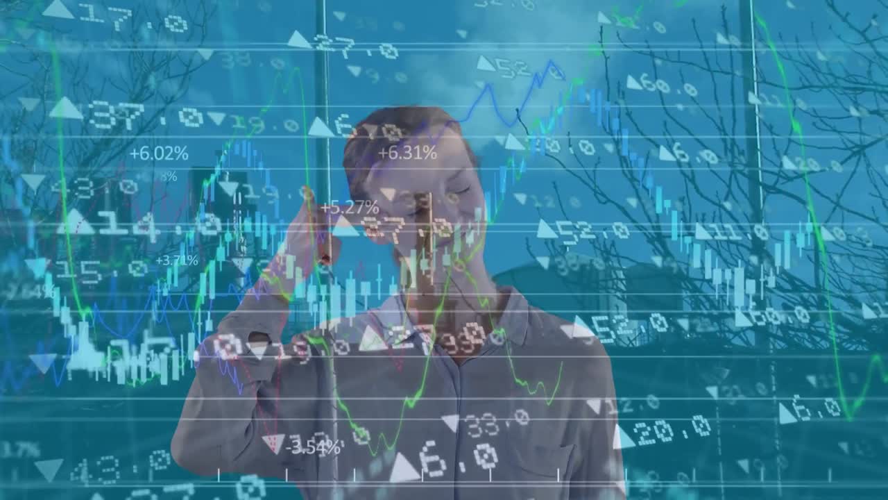 Animation of financial data processing over caucasian businesswoman