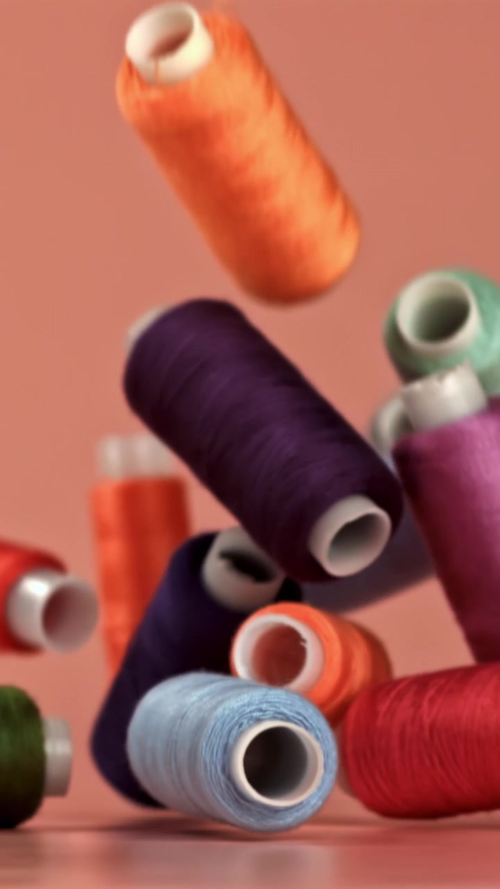 Colorful Sewing Thread Spools Falling in Slow Motion