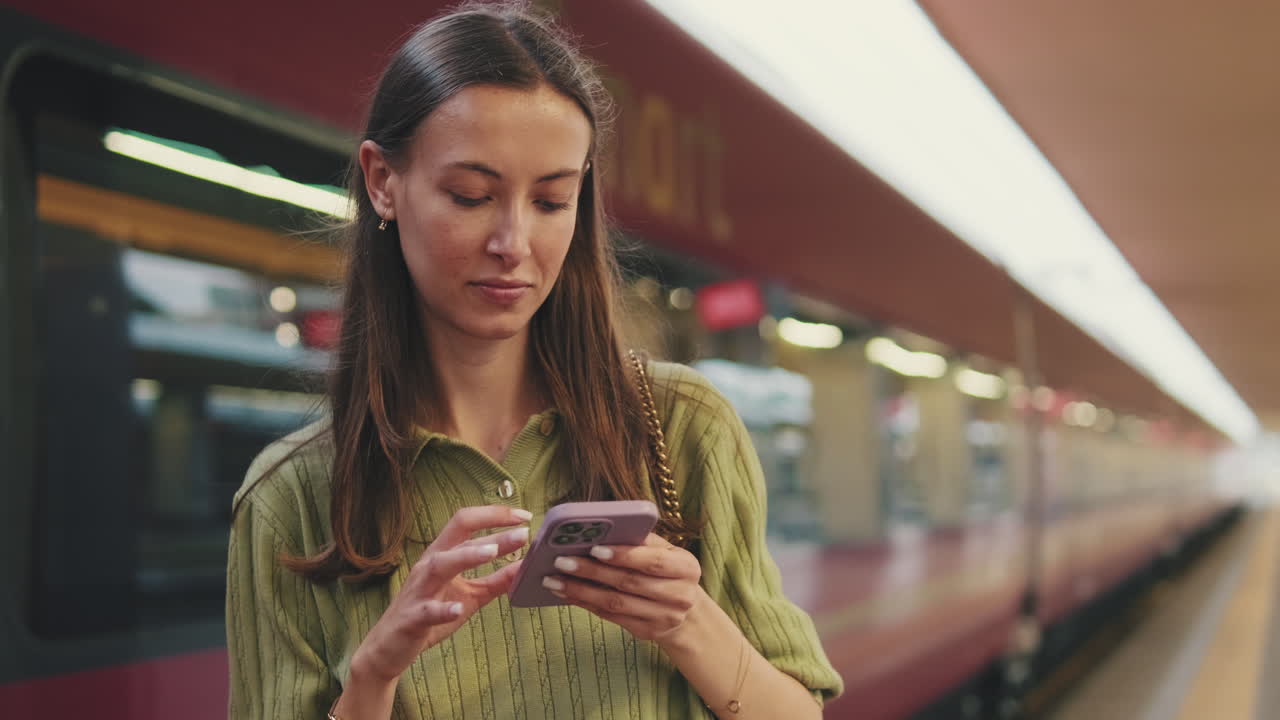 Mujer joven usando smartphone mientras espera en el andén de la estación de tren