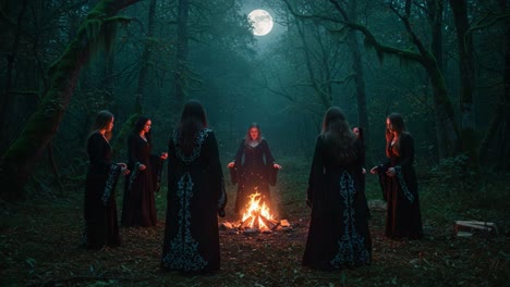 A Mystical Gathering Under the Moonlight: Women Dressed in Dark Cloaks Perform a Ritual Around a Fire in the Enchanted Forest