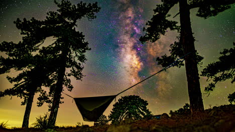 time lapse, magical milky way moving above tree tent and pines, starry night sky