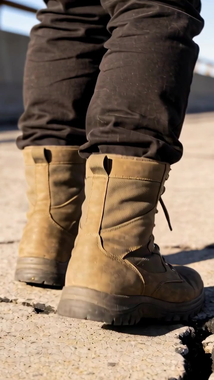 Video vertical: Un adulto con pantalones oscuros y botas color canela comienza a caminar por una carretera agrietada junto a un muro bajo.