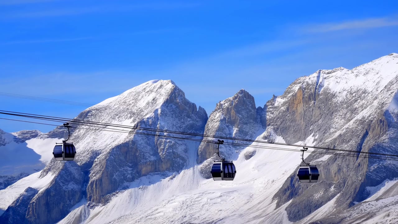 Cabine chiuse di una funivia viaggiano lungo cavi d'acciaio sopra campi di neve frastagliati e cime rocciose in pieno giorno, proiettando ombre nette attraverso il panorama alpino.