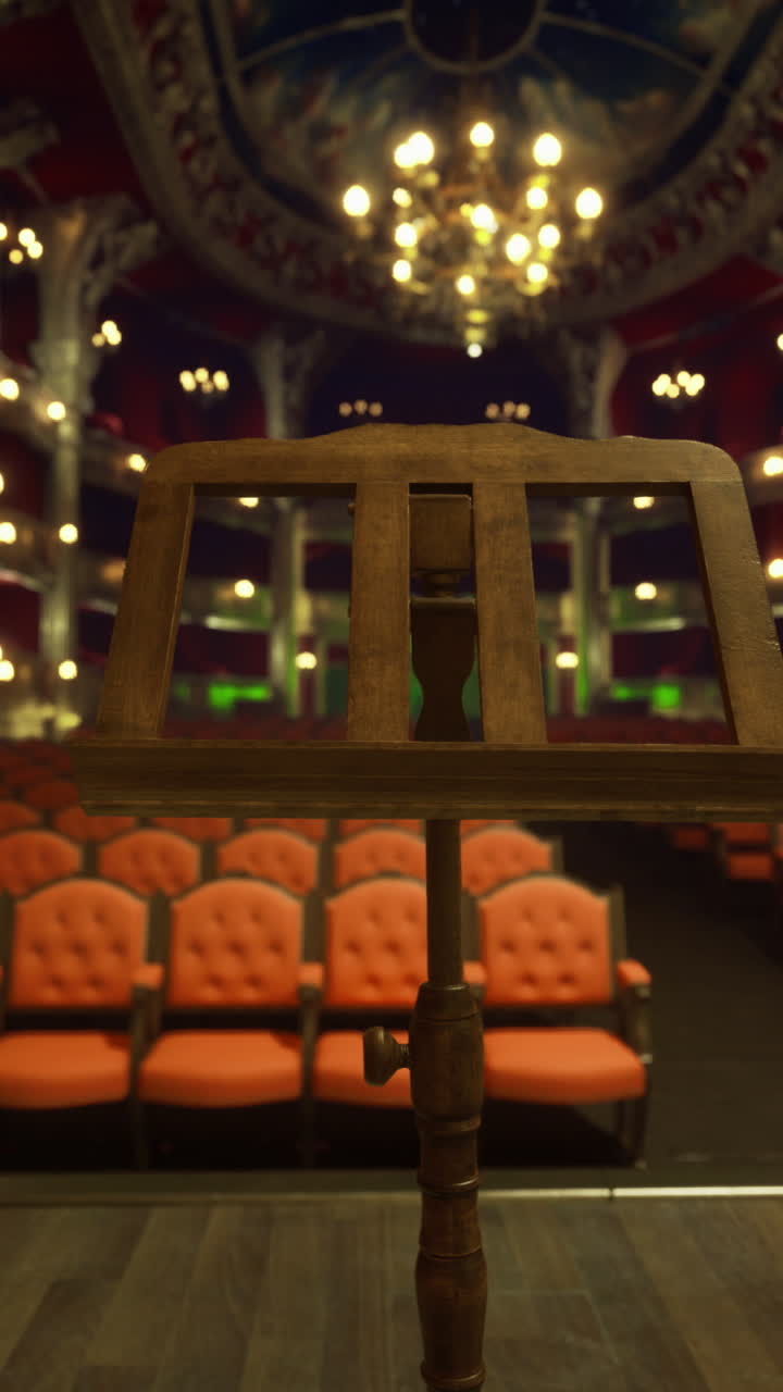 Empty theater stage with music stand and audience seating during performance