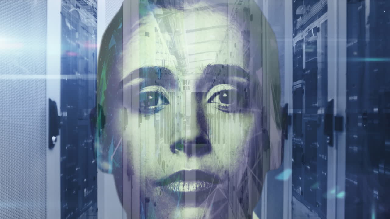 Animated portrait of woman in tech room symbolizes global networking.