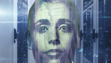 el retrato animado de una mujer en la sala de tecnología simboliza la creación de redes globales.