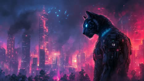 cyberpunk cat in a glowing city