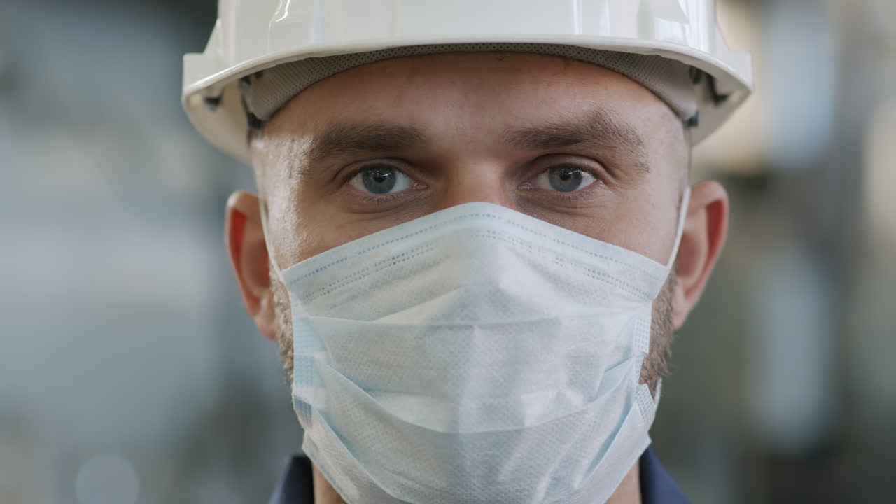 Close Up of Male Factory Worker in Face Mask