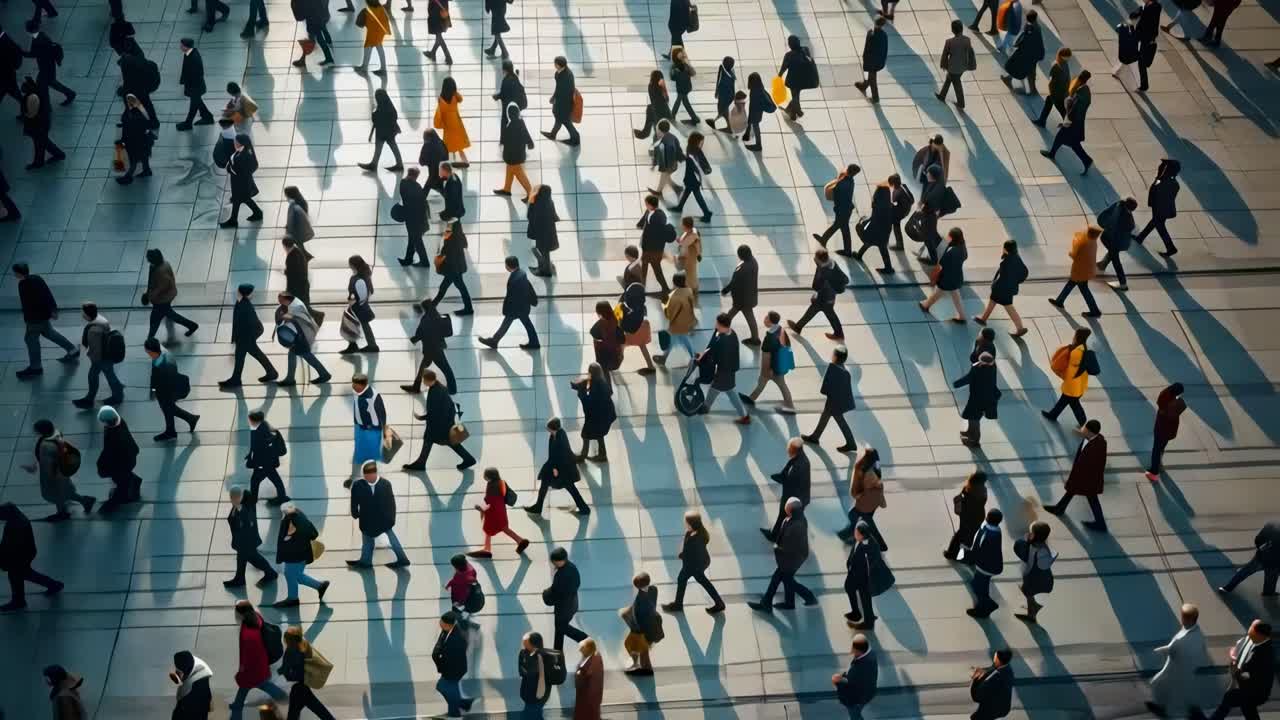 High-angle shot of a busy urban scene with people walking, casting long shadows