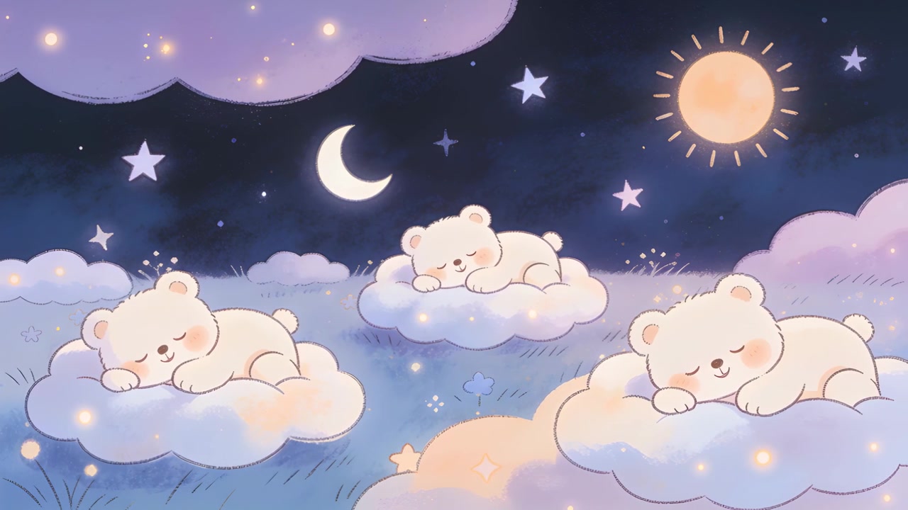 Sleeping 3 cream baby bears breathing on fluffy clouds at bedtime meadow, stars twinkling moon sun