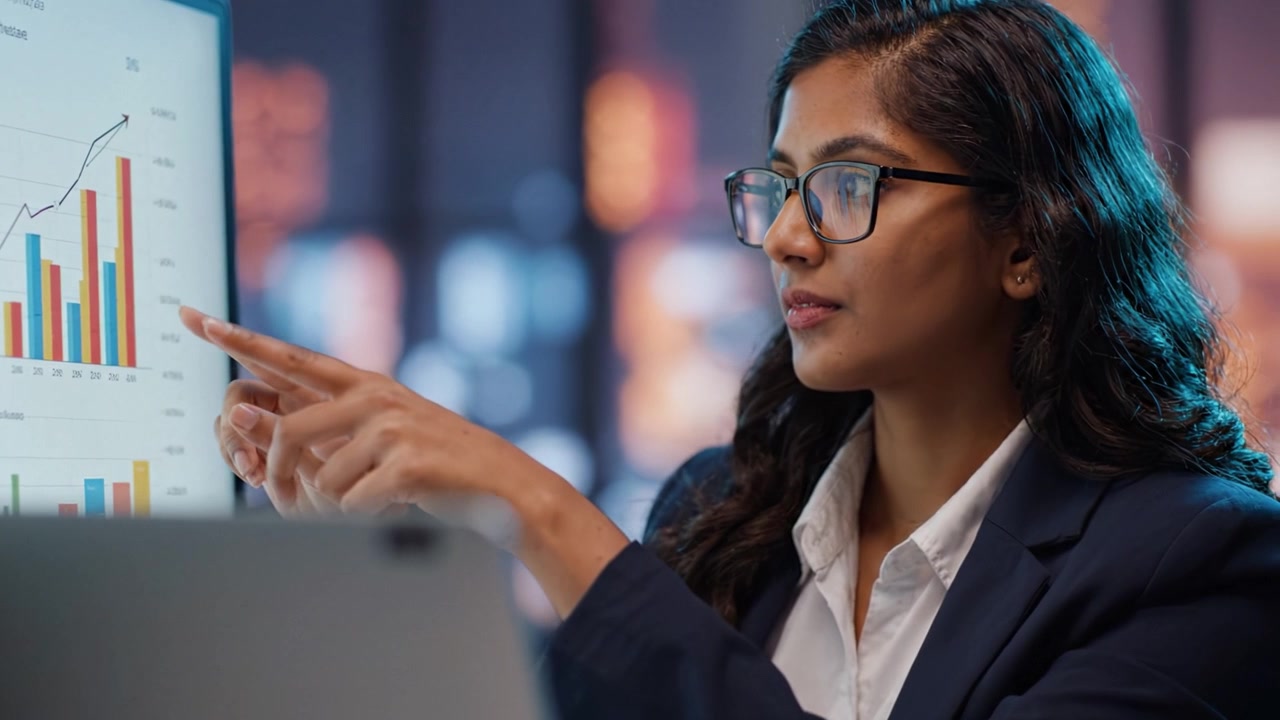 Focused Professional Analyzing Data Trends and Insights Through Graphs and Charts on Digital Screen, Illustrating Modern Work Environment and Analytics Skills