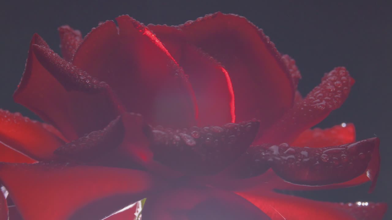Close-Up Of Illuminated Wet Red Rose Rotating On Black Background. Loop Footage