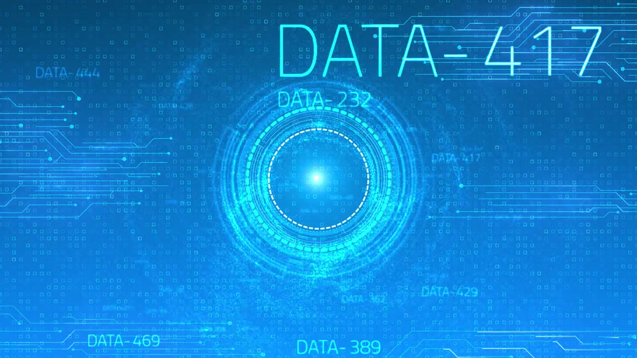 Bright tech portal interface visual with cyan lens rings floating data blocks circuit lines and