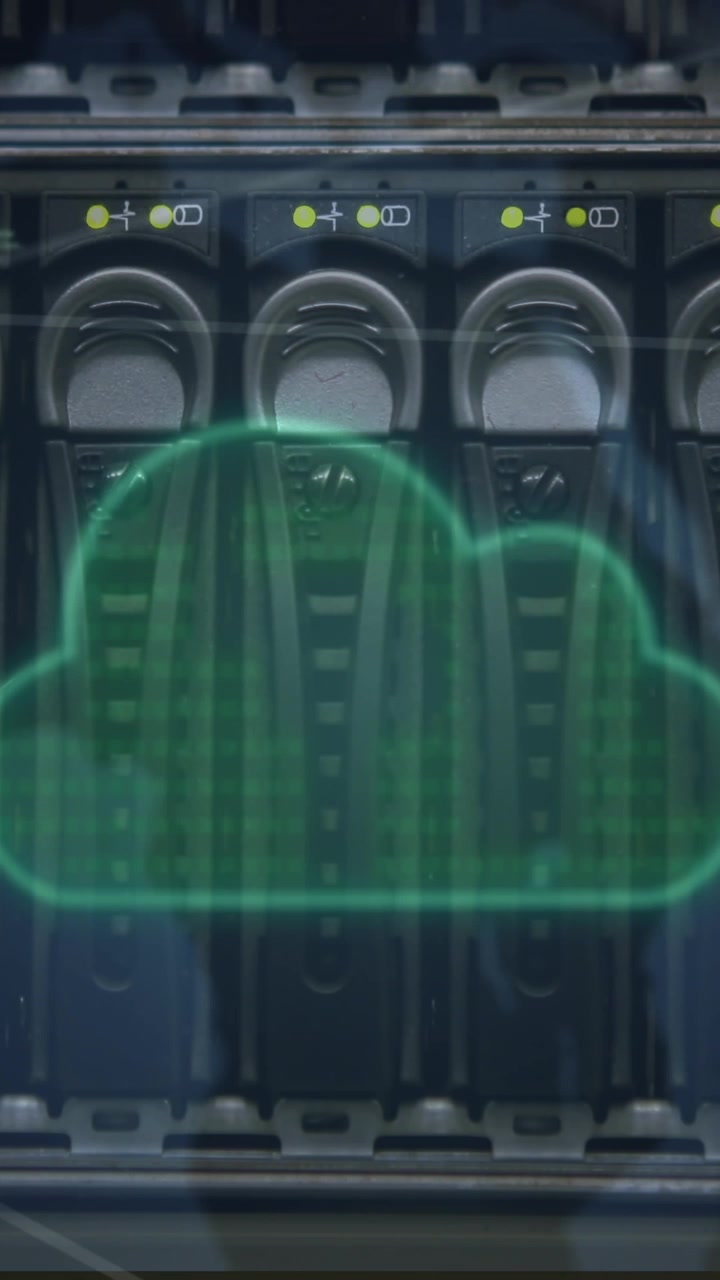 Animation of cloud, network of connections and data processing over computer server