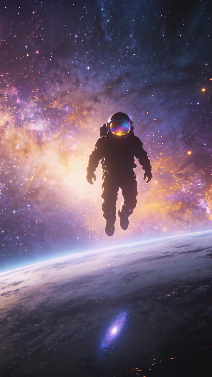 Vertical video: Gravity pulling suited astronaut drifting above planet limb, visor catching nebula