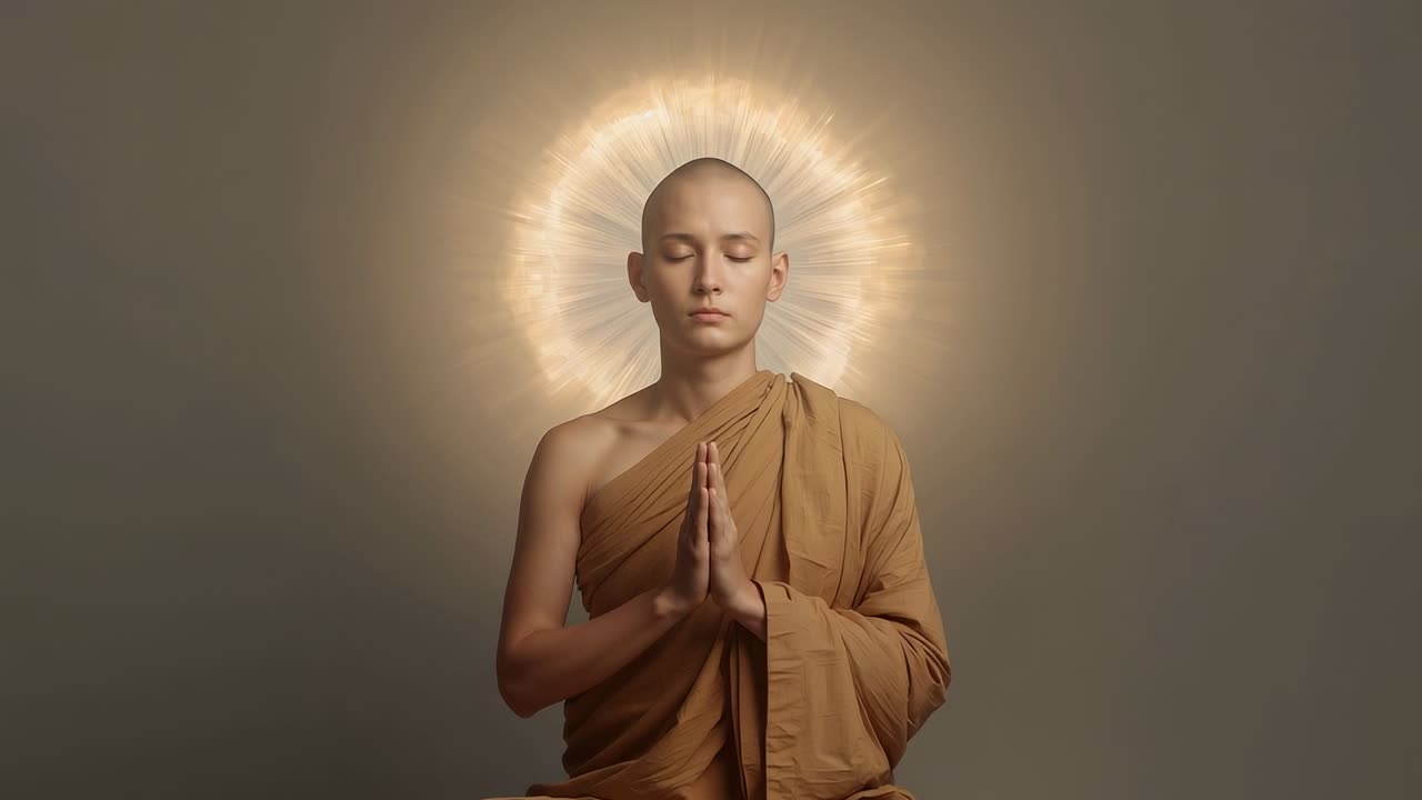 Holding prayer posture, bald monk focusing as halo appears and pulses in studio, with saffron robe