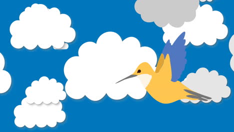 animación de la ilustración de un pájaro amarillo volando sobre nubes sobre fondo azul