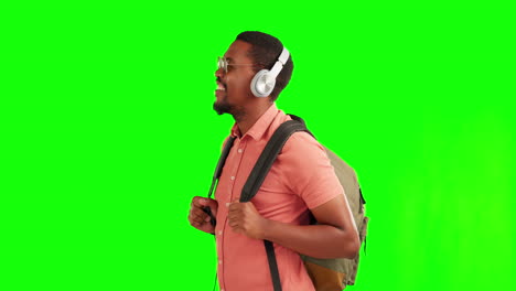 Green-screen,-headphones-and-black-man-listening