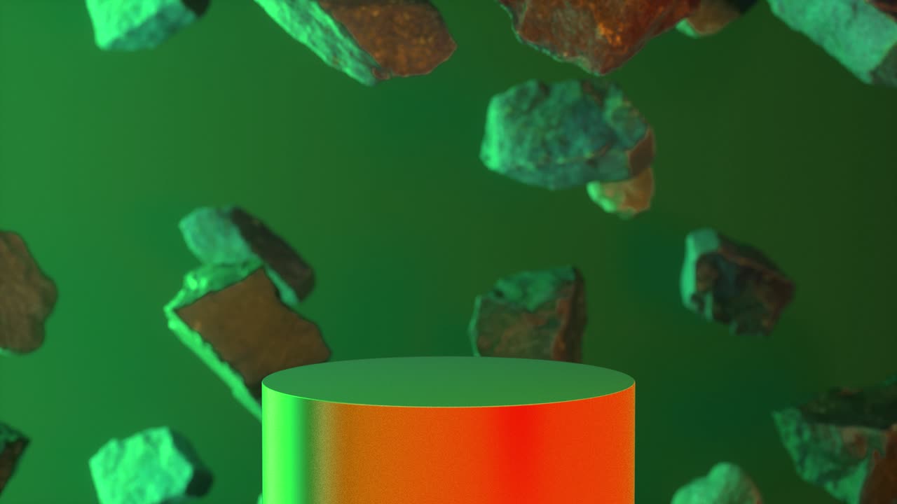 rocas en fondo verde naranja de neón. piezas de fondo de rocas voladoras. exhibición en el podio para la presentación de productos cosméticos, pedestal o plataforma. plantilla de maqueta para el diseño de anuncios. bucle de animación 3d en 4k