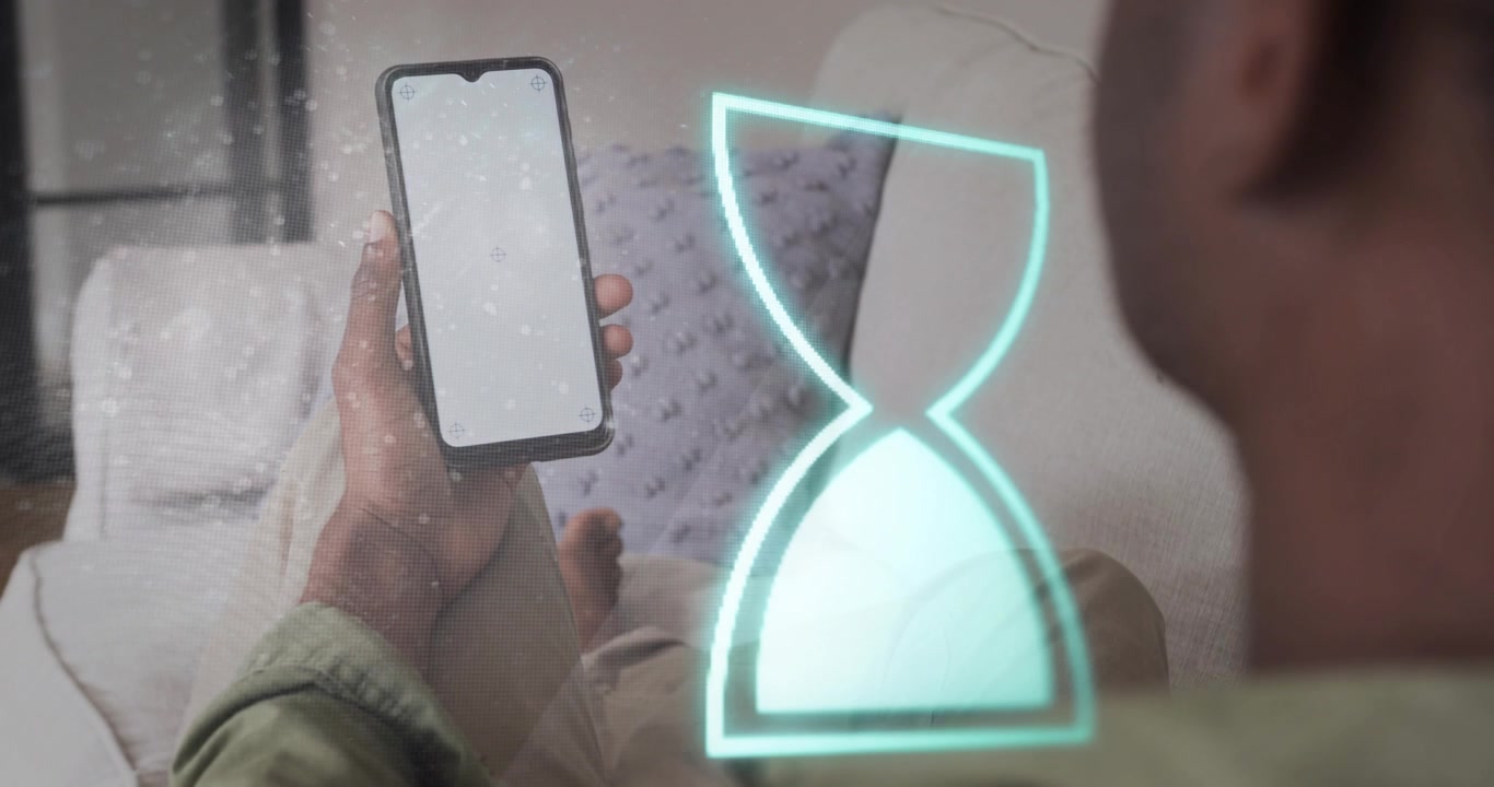 Man holding smartphone and starting cyan hourglass animation cycling for time flow in tech demo
