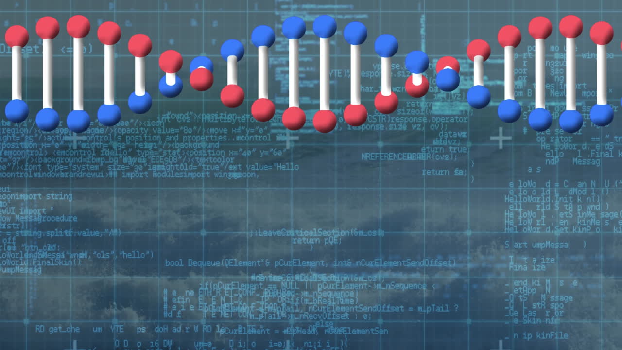 animación de cadenas de adn y procesamiento de datos sobre el paisaje