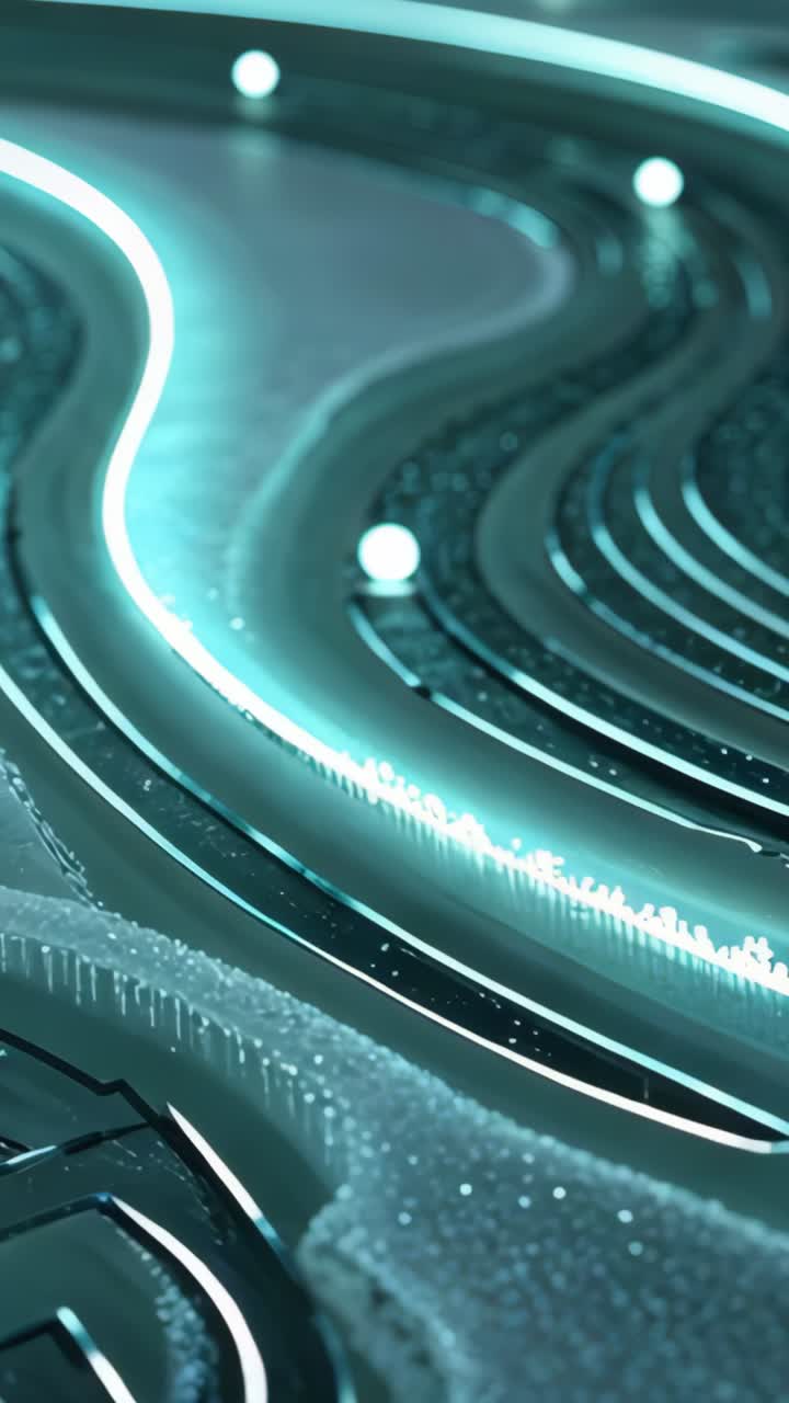 Vertical video: Pulsing neon channels rolling light spheres across platform with microparticles