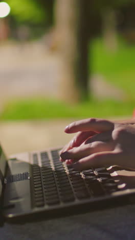 primer plano de una mujer usando una computadora portátil al aire libre en el parque nocturno, dedos escribiendo en el teclado con luces de fondo suaves y personas montando bicicletas