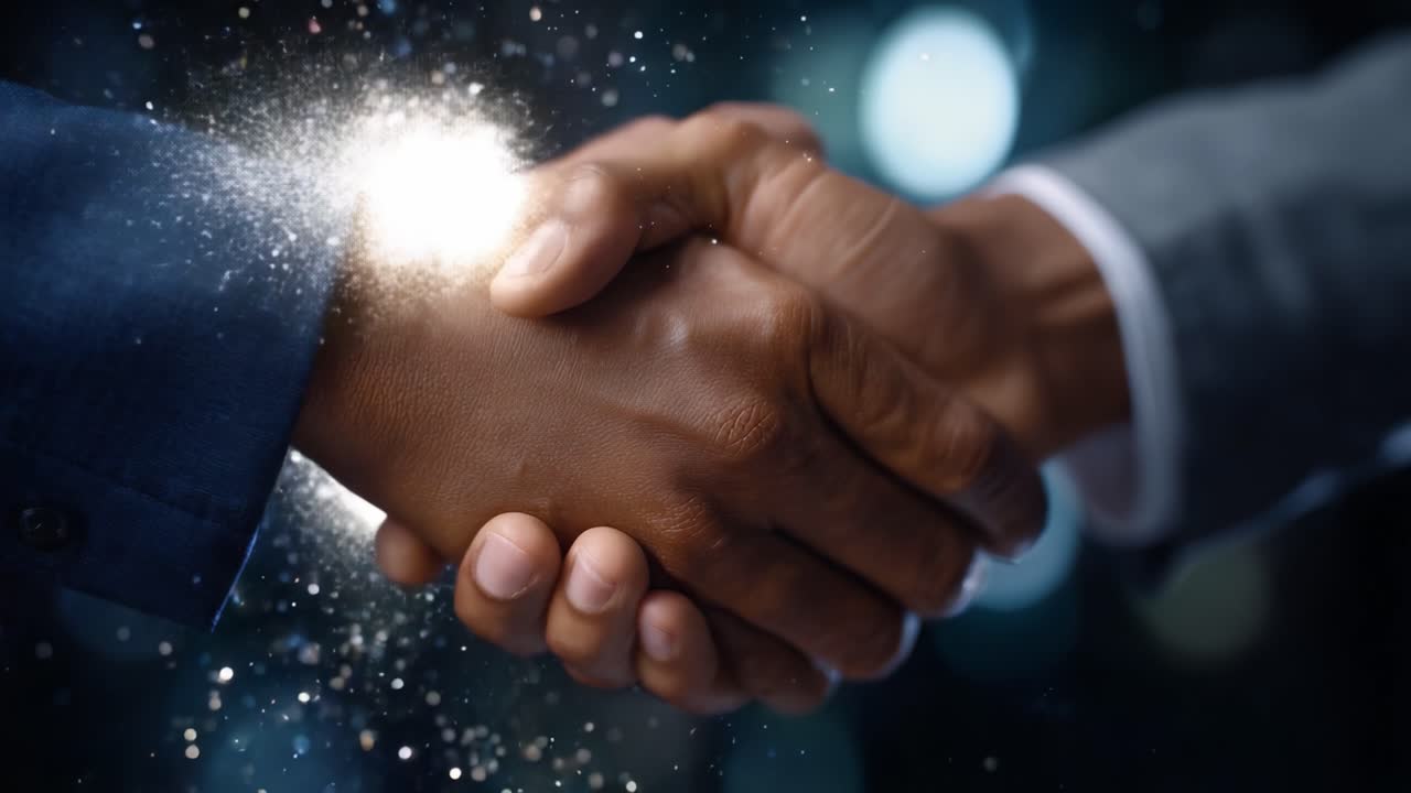 A Moment of Unity: Two Hands Firmly Shaking in a Symbolic Gesture of Partnership and Trust, Surrounded by a Misty Ethereal Glow of Collaboration