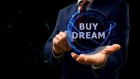 businessman shows concept hologram buy dream on his hand
